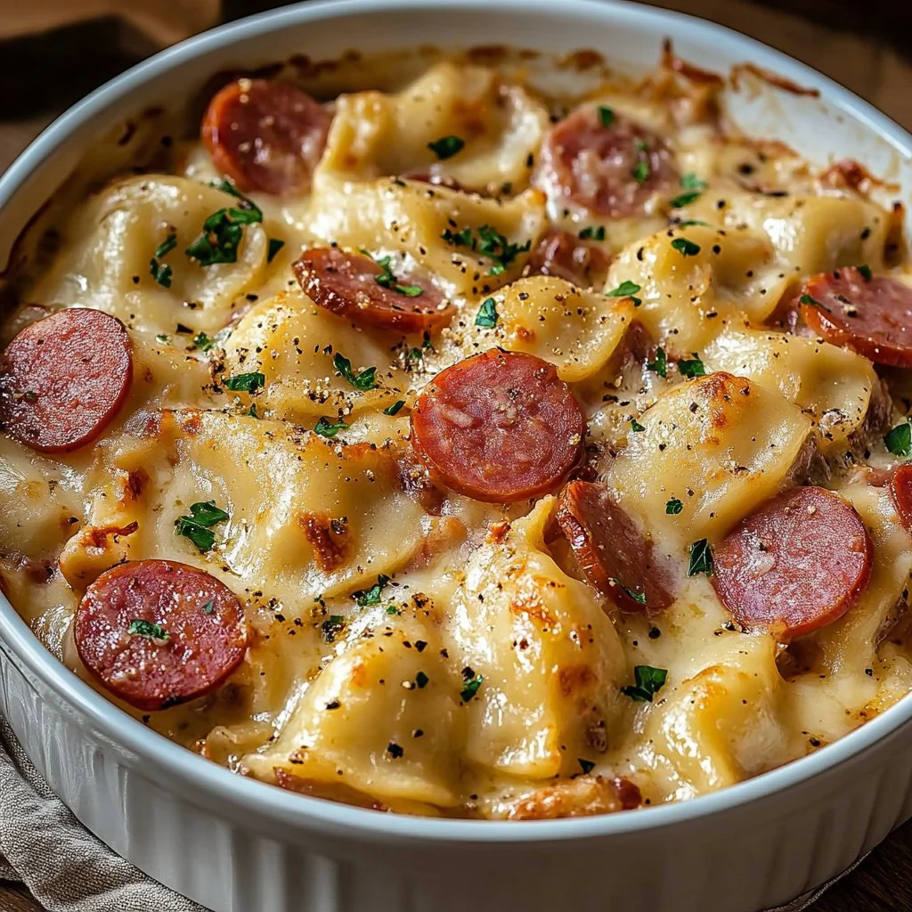 Crockpot Pierogi Casserole with Kielbasa