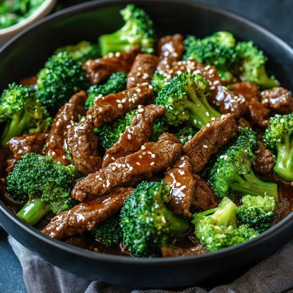 Beef and broccoli stir-fry in a skillet, showcasing tender beef and vibrant broccoli.
