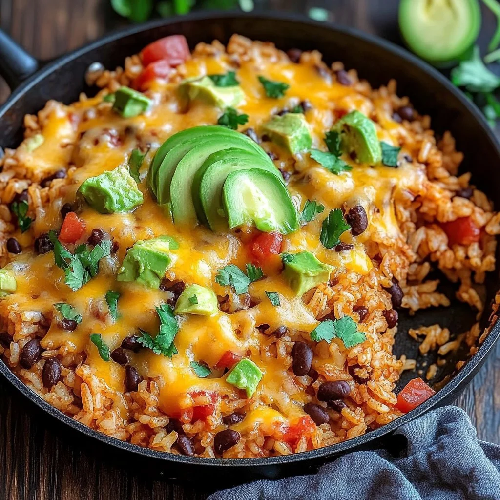 Cheesy Taco Rice Skillet topped with cheese and fresh ingredients