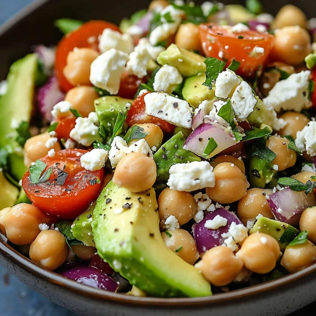Chickpea Feta Avocado Salad with fresh ingredients in a bowl
