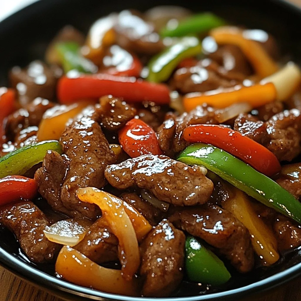 Chinese pepper steak dish featuring tender beef and sautéed onions.