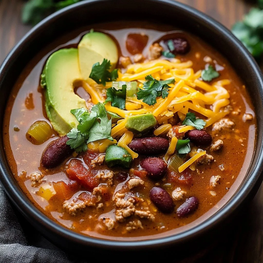 Bowl of cozy beef chili topped with fresh herbs and served with bread