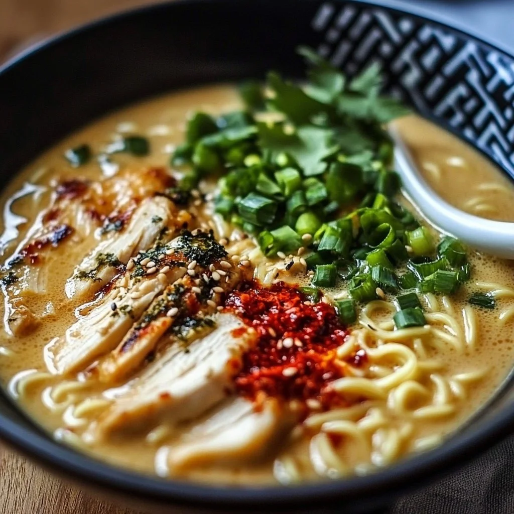 Bowl of creamy garlic chicken ramen topped with green onions and sesame seeds