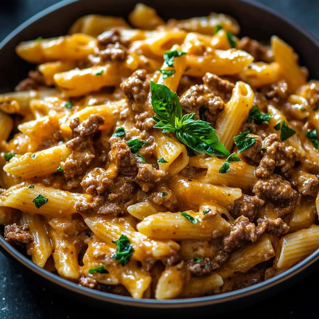 Creamy high protein beef pasta dish with fresh ingredients