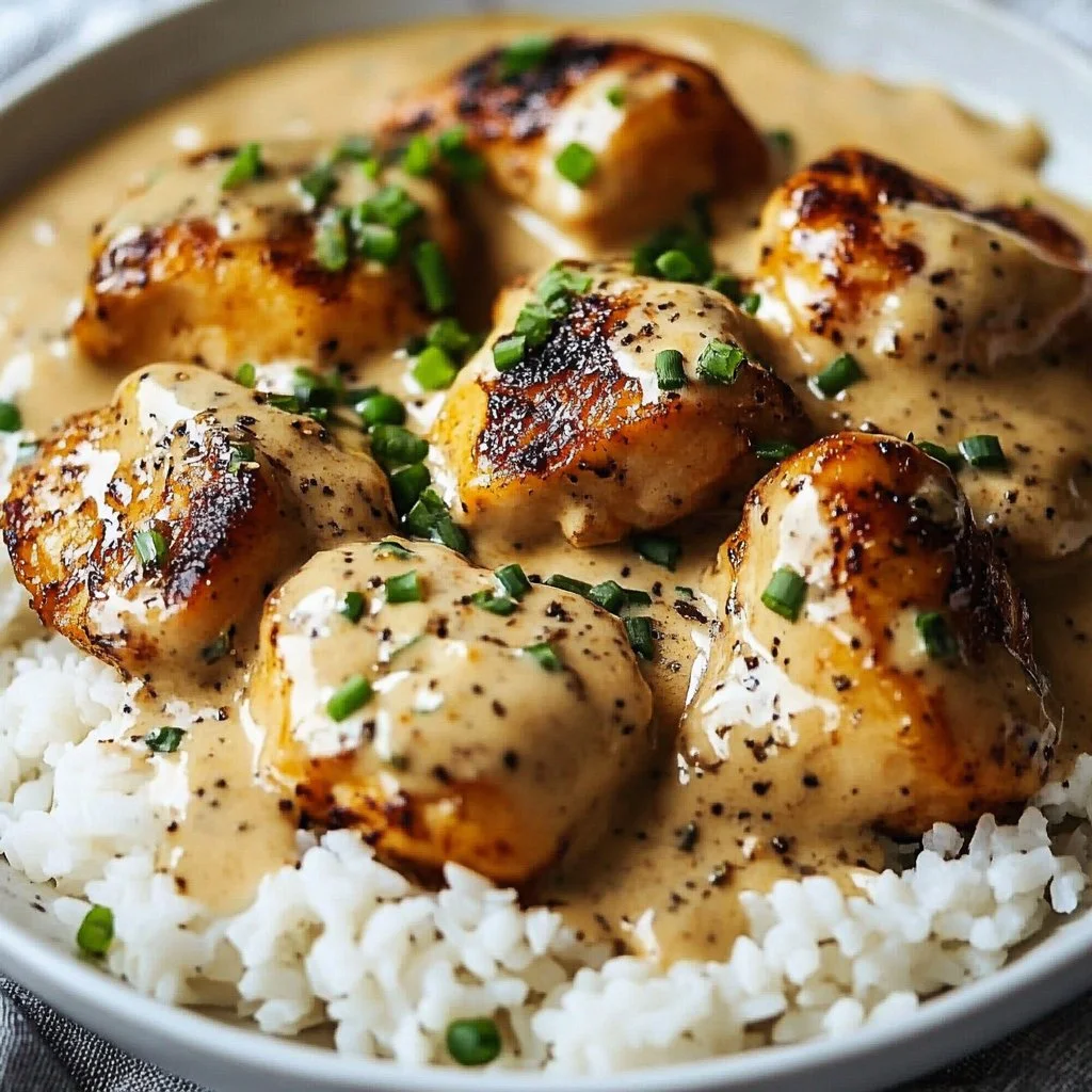 Delicious creamy smothered chicken served with rice