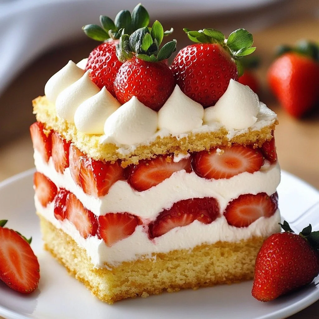 Delicious strawberry shortcake with fresh strawberries and whipped cream