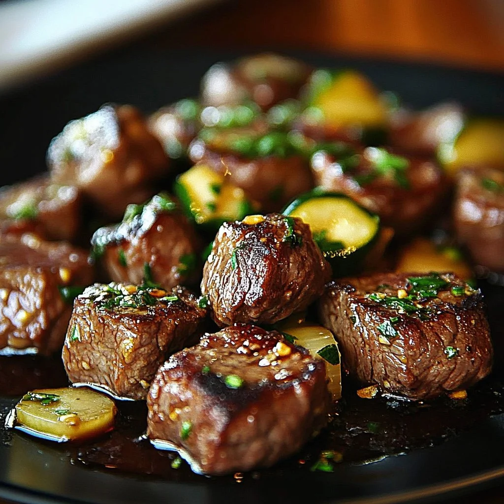 Delicious Garlic Butter Steak Bites served on a rustic wooden platter.