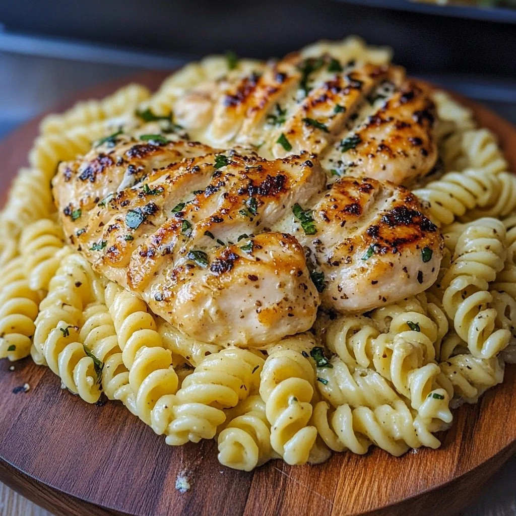 Delicious Garlic Parmesan Chicken served with fusilli pasta in a creamy sauce.