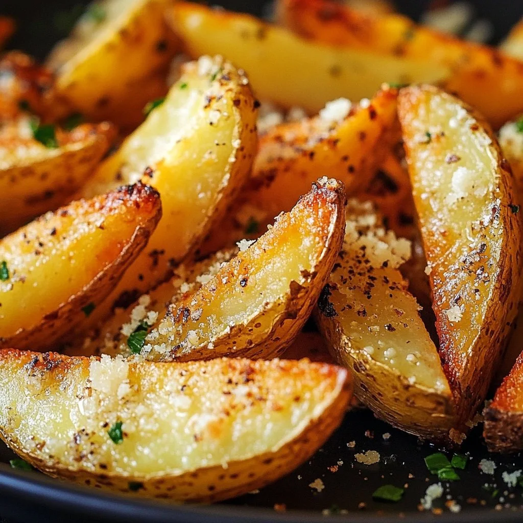 Delicious Garlic Parmesan Potato Wedges on a plate with herbs