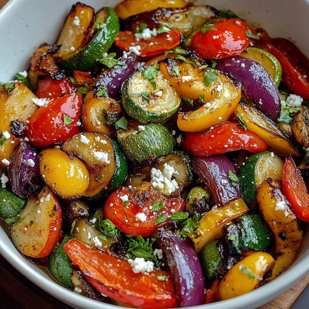 Colorful plate of Greek stir-fried vegetables with bell peppers and zucchini