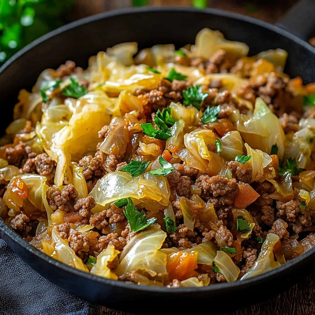 Ground Beef and Cabbage Skillet dish served in a pan