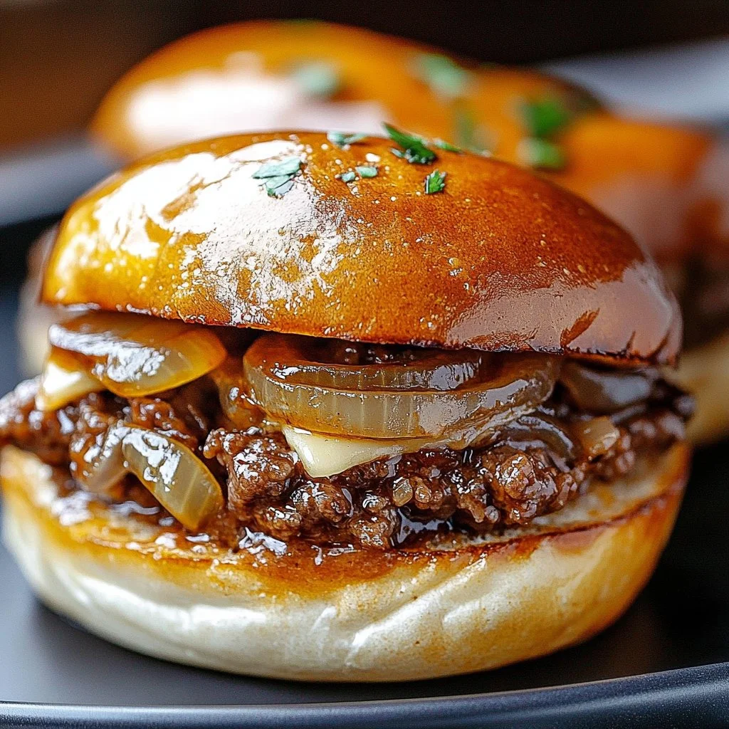 French Onion Beef Sloppy Joes with melted cheese and caramelized onions