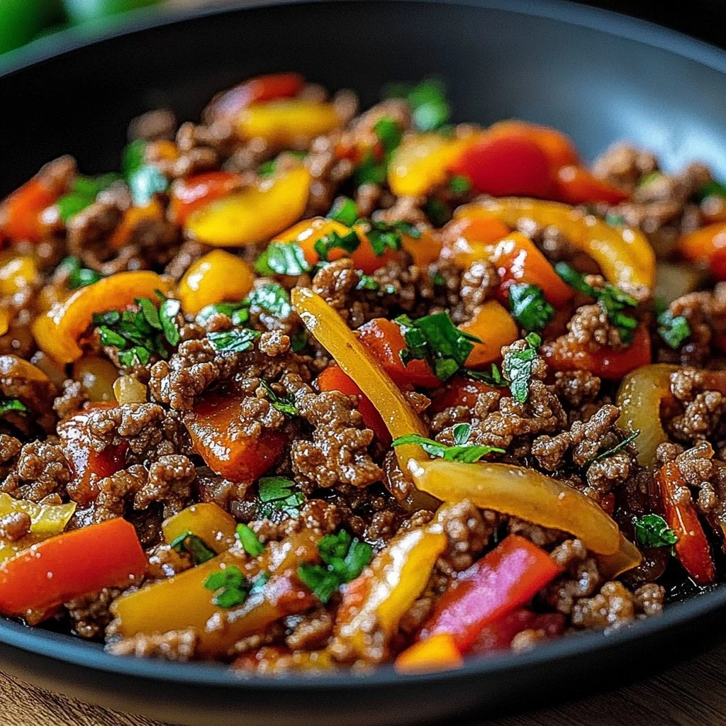 Mediterranean ground beef stir fry with colorful vegetables in a skillet