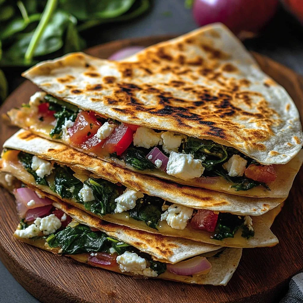 Mediterranean Quesadillas with Spinach, Feta, Mozzarella, and Red Onion