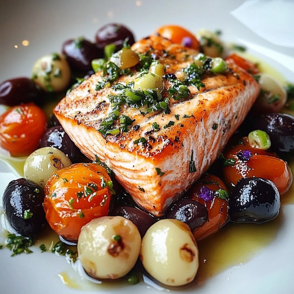 Mediterranean Salmon 2 Mediterranean Salmon dish with vibrant vegetables and herbs.
