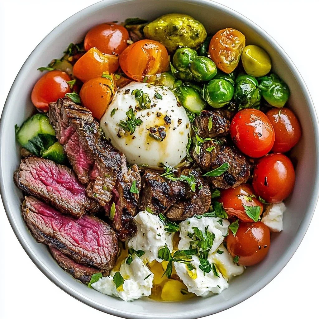 Mediterranean steak bowl with grilled steak, fresh vegetables, and dressing