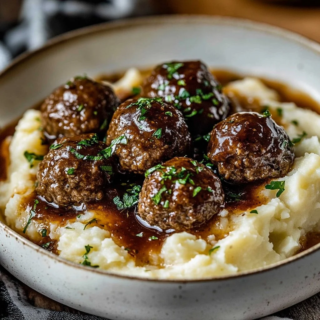 Salisbury Steak Meatballs with Garlic Herb Mashed Potatoes