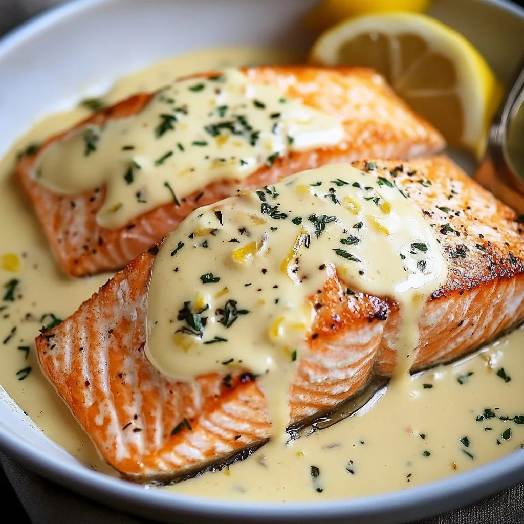 Baked salmon fillet topped with lemon cream sauce on a white plate