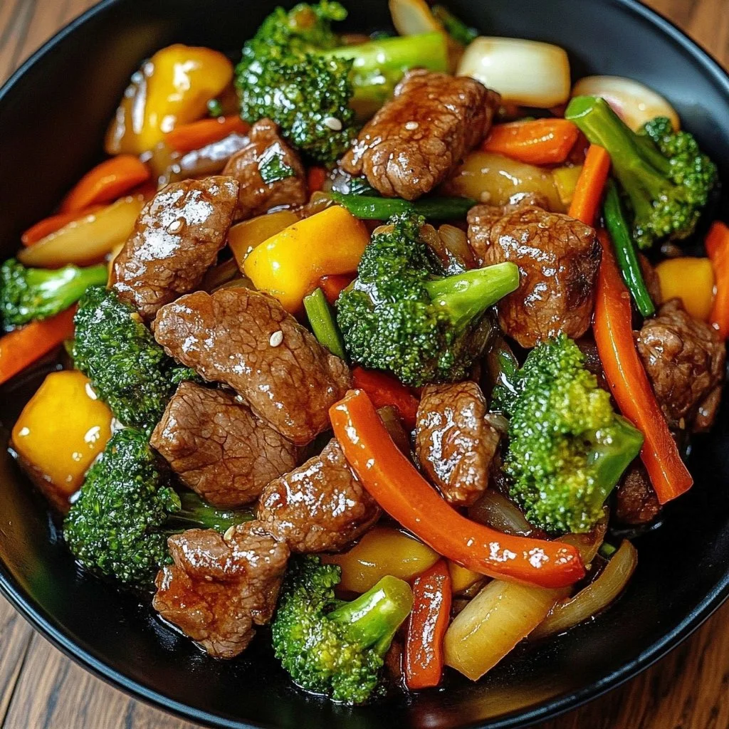 Delicious beef stir fry with colorful vegetables served in a bowl.