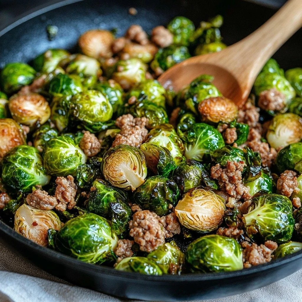 Brussels sprouts and ground turkey skillet dish served in a pan