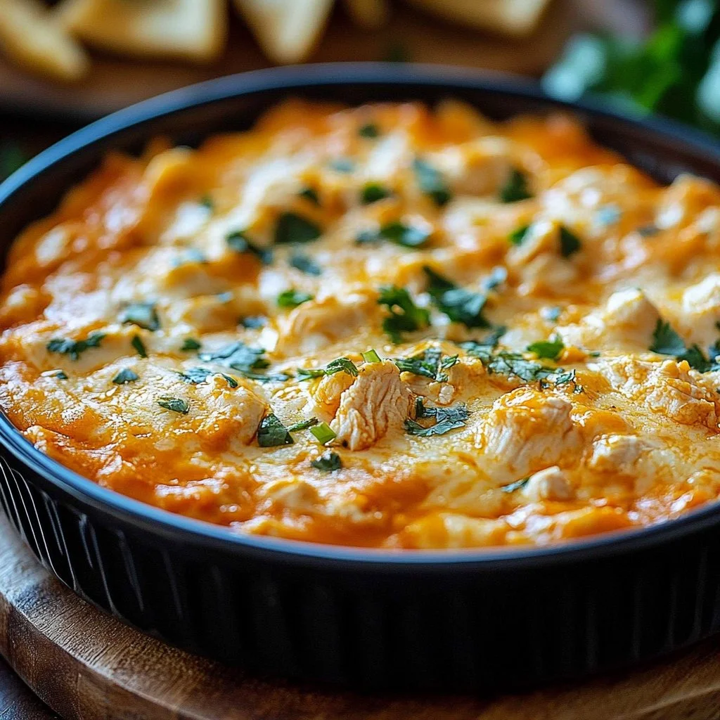 Bowl of creamy Buffalo Chicken Dip served with tortilla chips