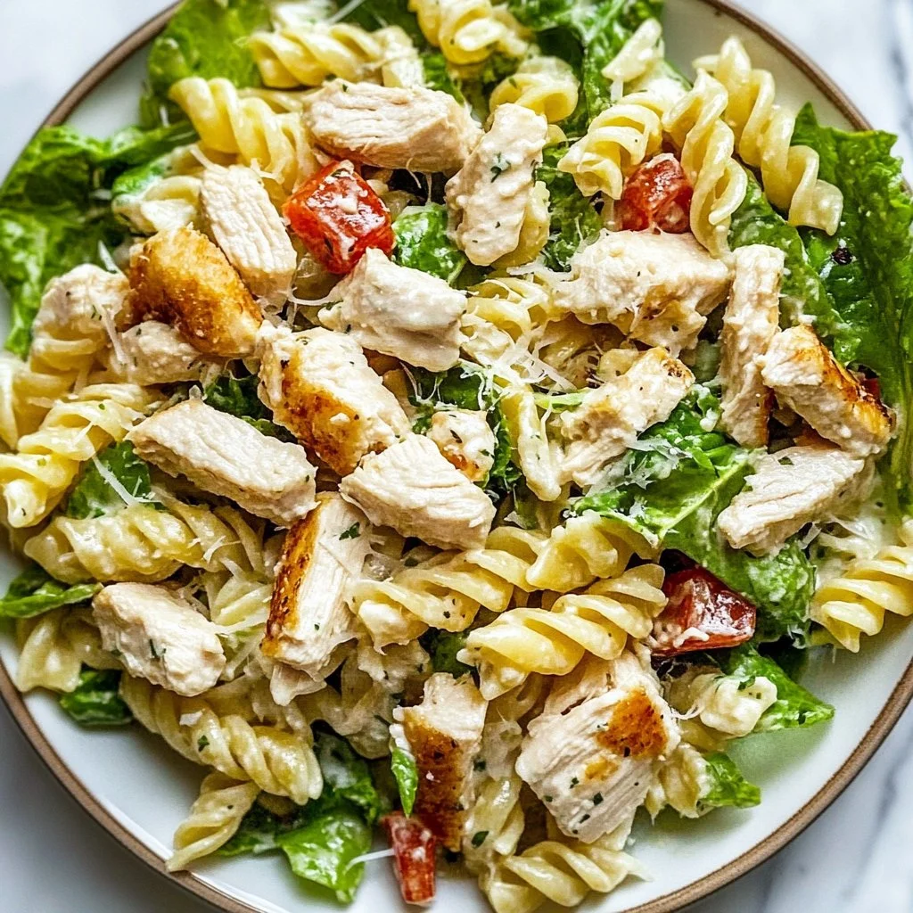Delicious Chicken Caesar Pasta Salad with romaine, grilled chicken, and Caesar dressing