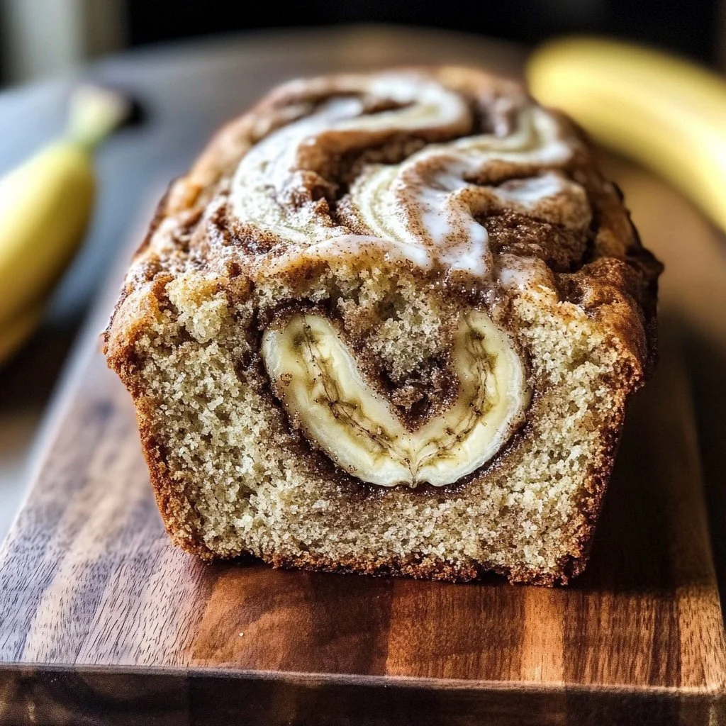 Delicious cinnamon swirl banana bread freshly baked and served.