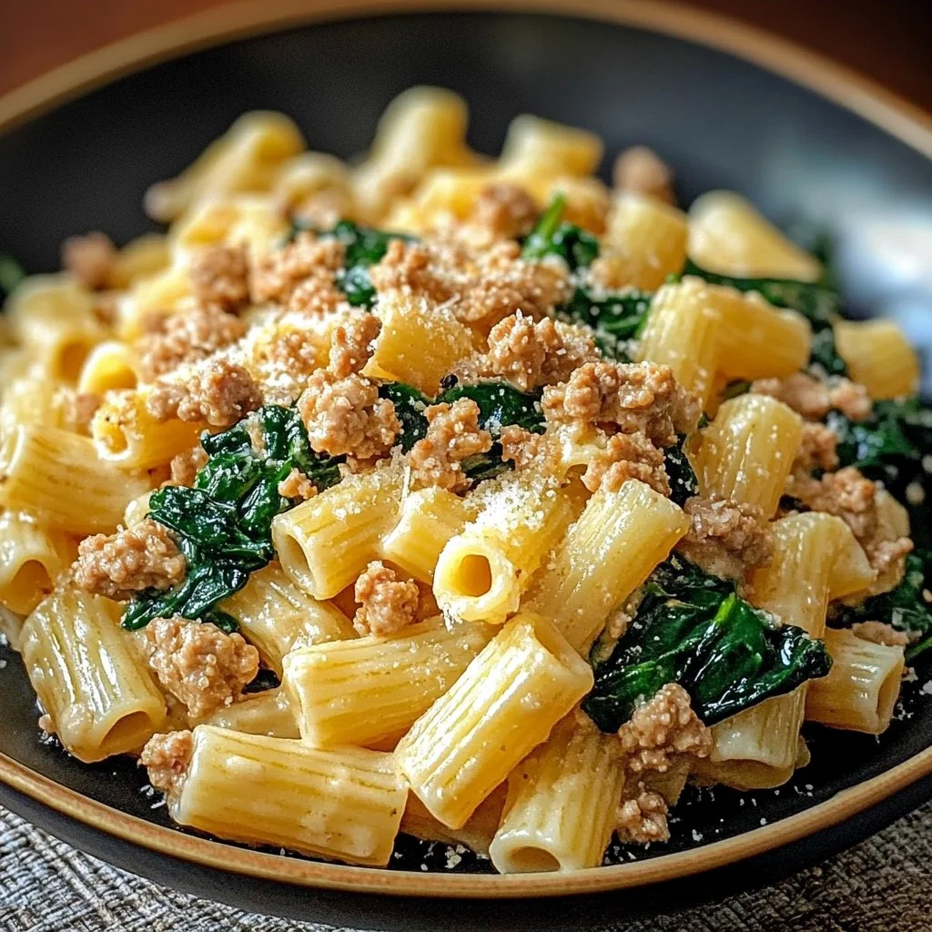 Creamy ground turkey spinach pasta dish garnished with herbs