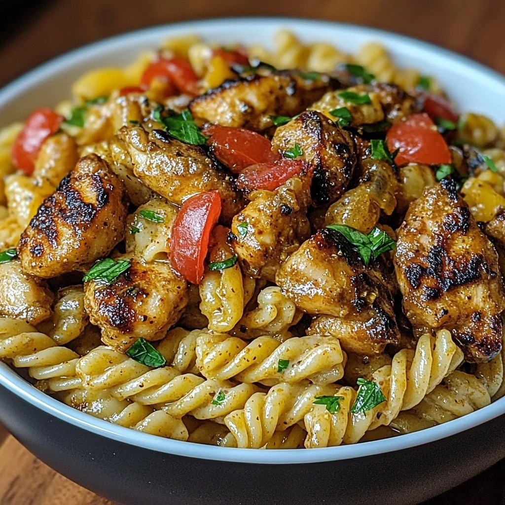 Delicious creamy Rasta Pasta topped with Jerk Chicken and fresh vegetables.