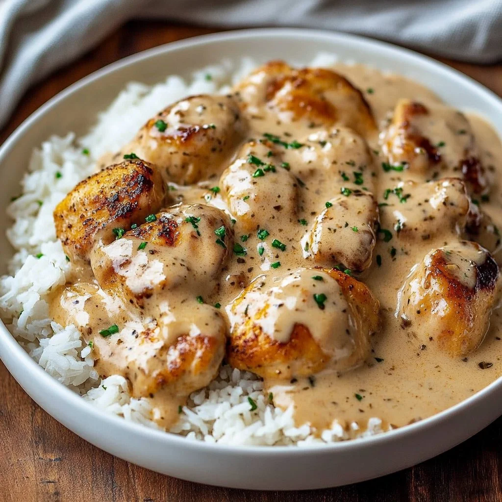 Creamy smothered chicken served over rice in a comforting meal