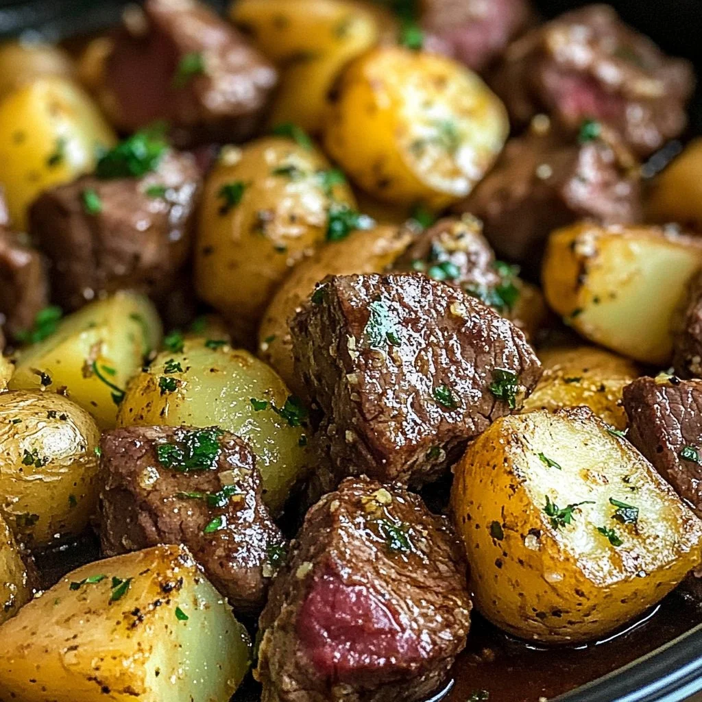 Crock Pot Garlic Butter Steak Bites with Potatoes served on a plate