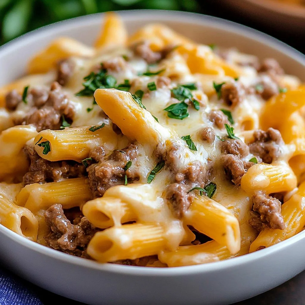 Bowl of decadent Crockpot Cheesy Crack Beef Pasta garnished with parsley