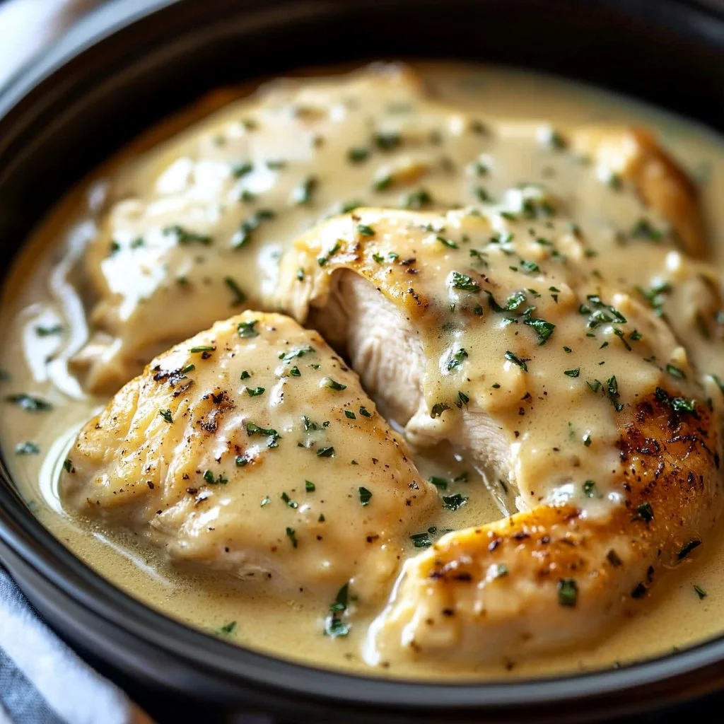 Crockpot chicken with creamy gravy served on a plate