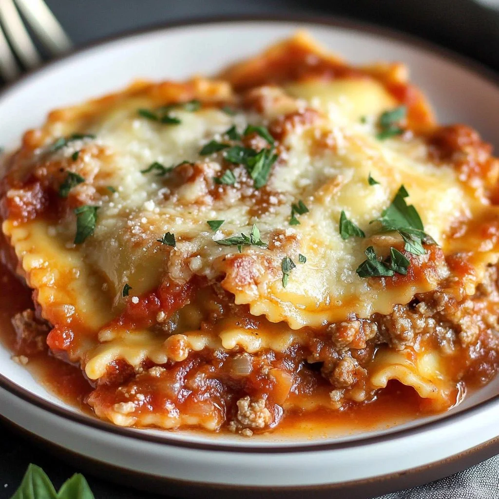 Crockpot Ravioli Lasagna - a layered dish with ravioli, cheese, and marinara sauce.