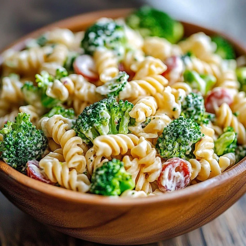 Fresh broccoli pasta salad with colorful vegetables and dressing
