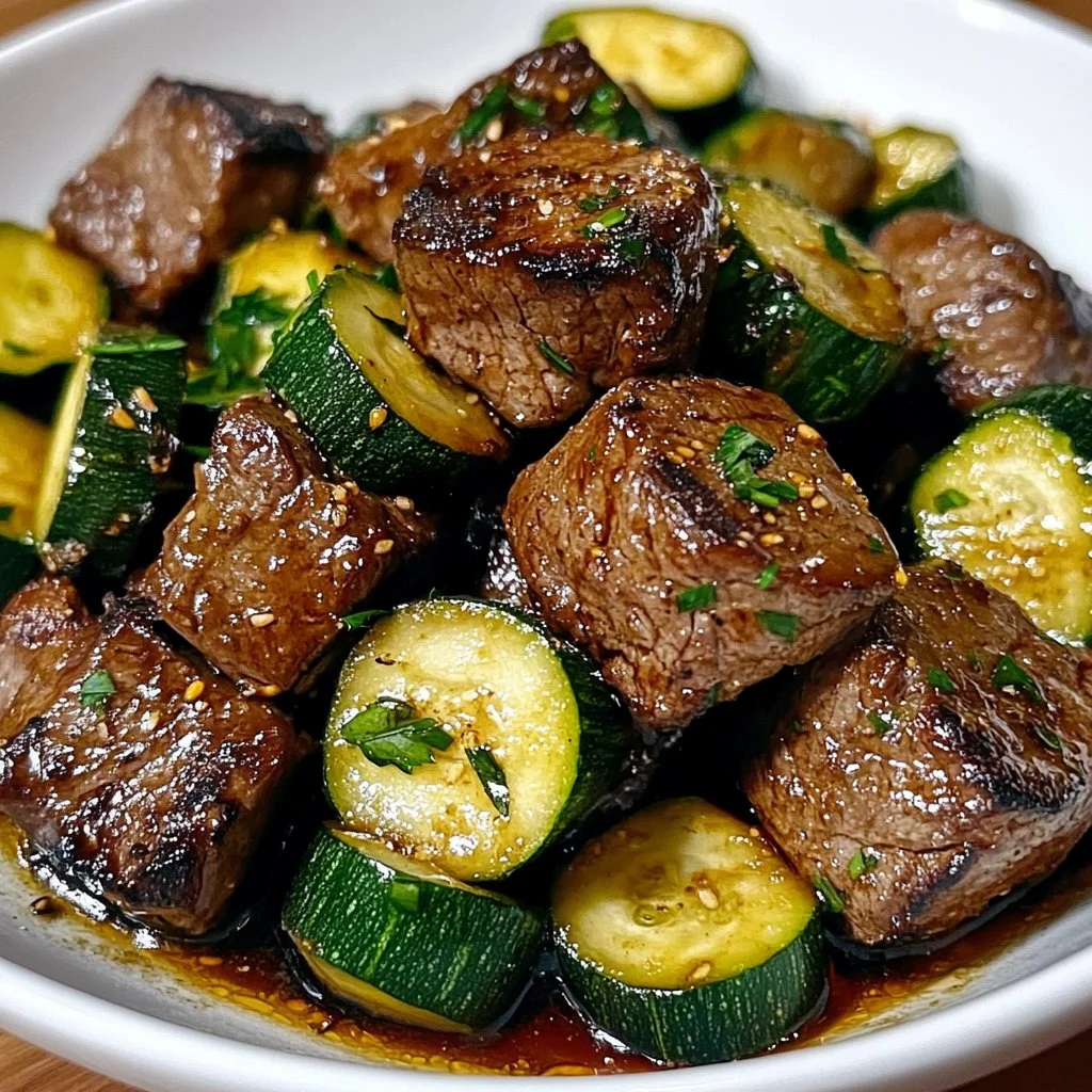 Delicious garlic butter steak bites served with zucchini slices