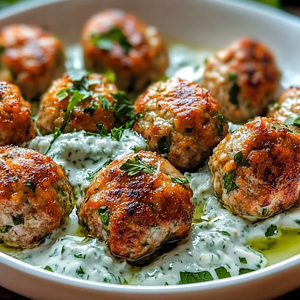 Greek Turkey Meatballs served with tzatziki sauce on a plate