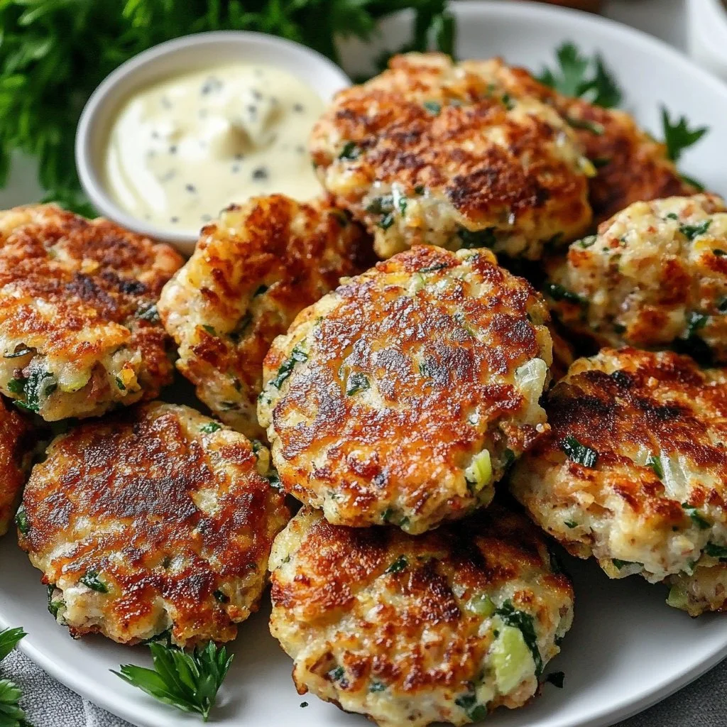 Plate of Greek Turkey Patties garnished with herbs and served with tzatziki sauce