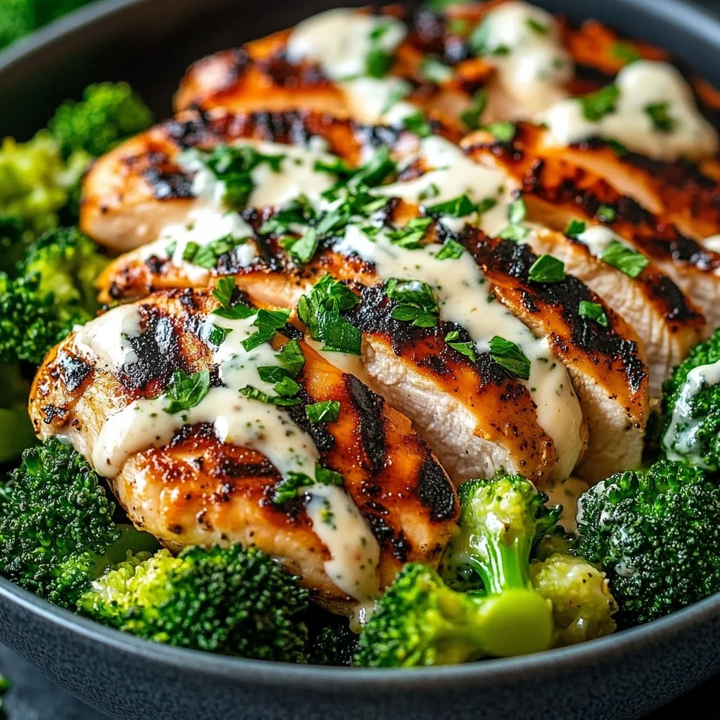Healthy grilled chicken and broccoli bowls with vibrant vegetables.