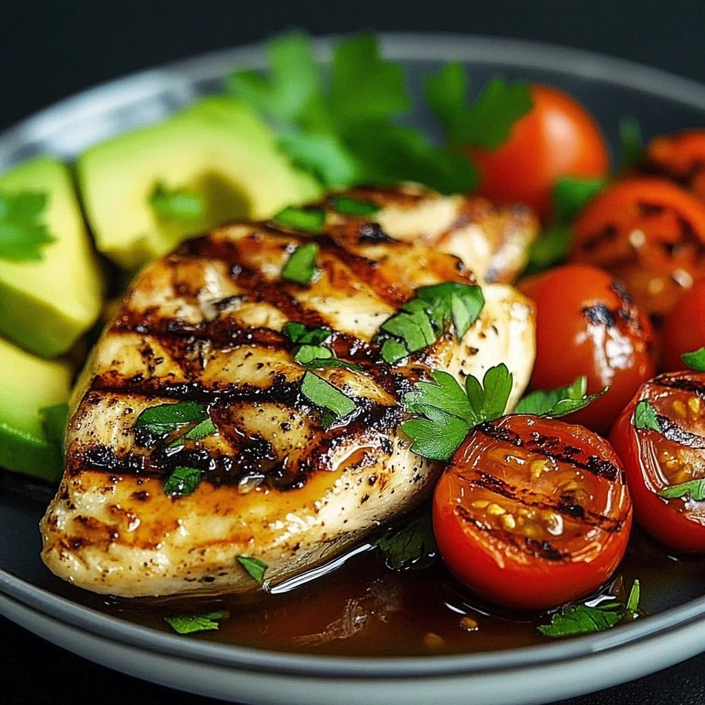 Grilled chicken with avocado and cherry tomatoes on a plate