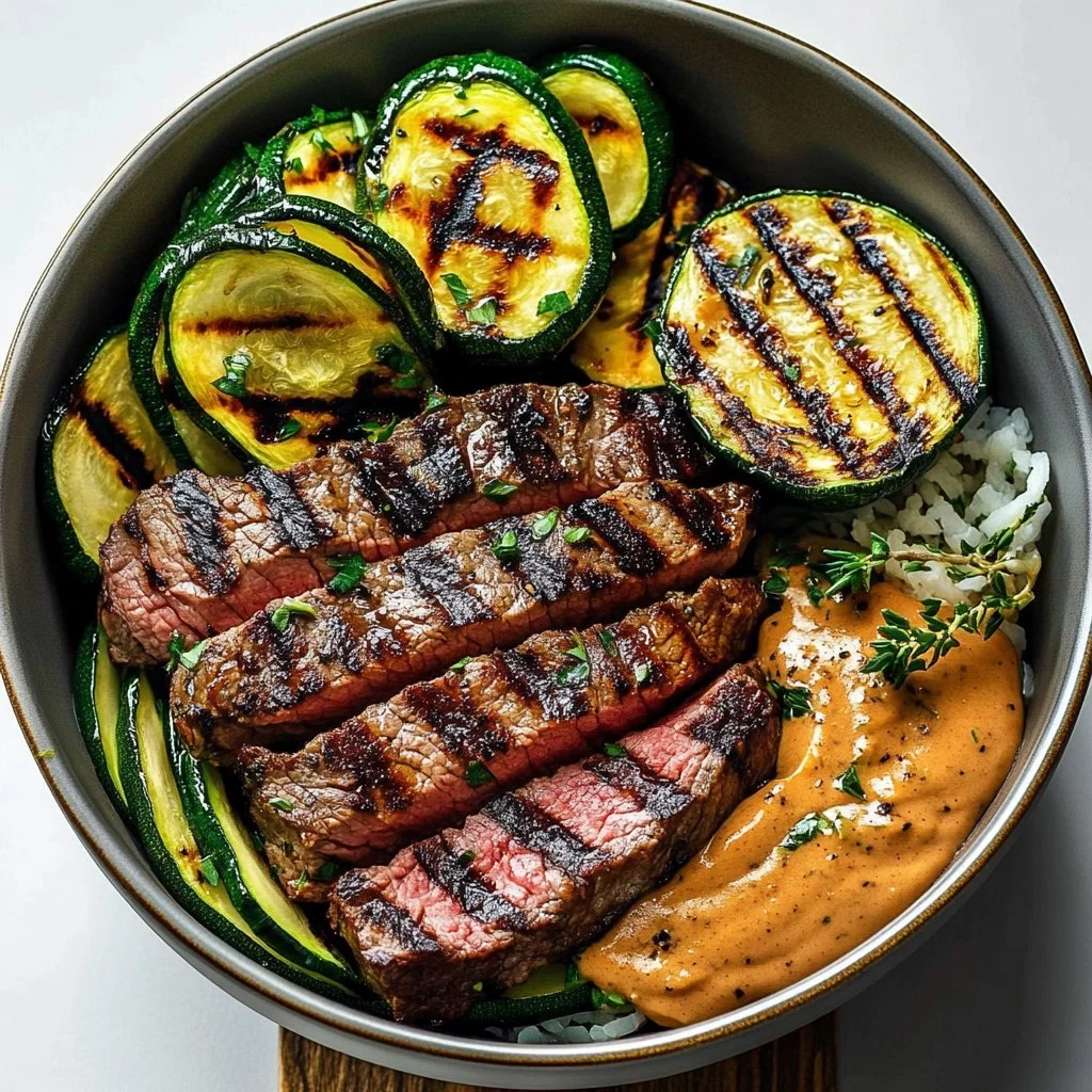 Grilled steak bowl with zucchini and vibrant vegetables for a healthy meal.