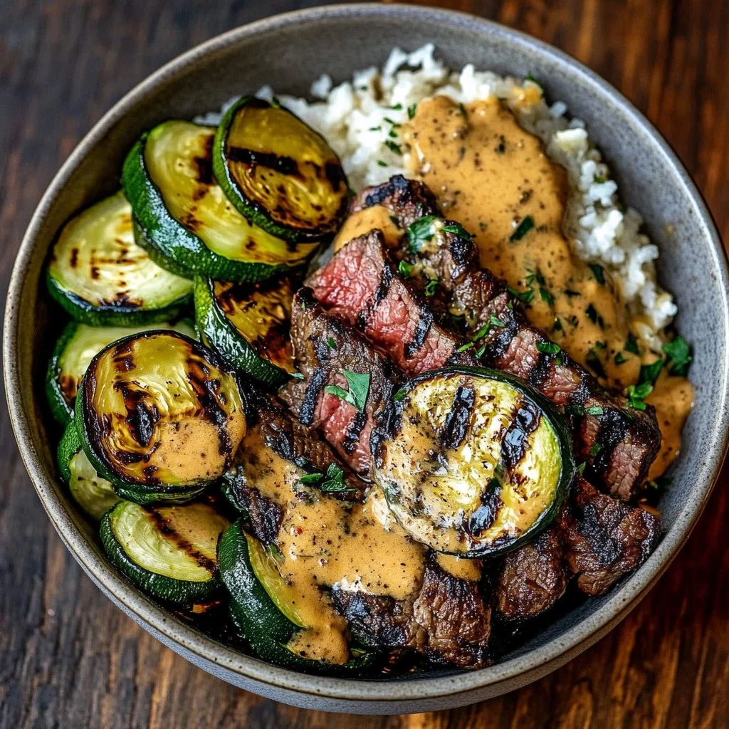 Grilled Steak Bowl with Zucchini Bliss 1 Grilled Steak Bowl with Sauce and Grilled Zucchini Bliss