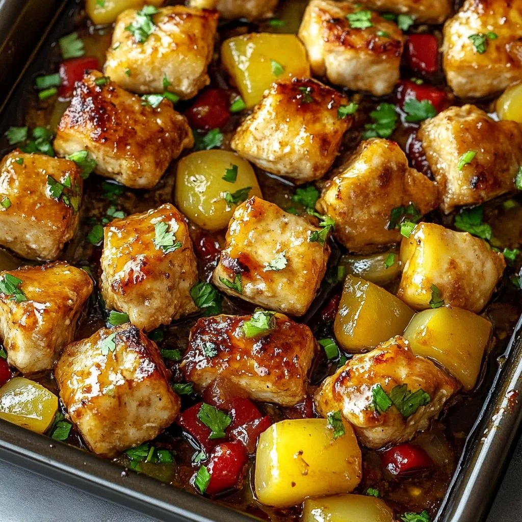 Hawaiian Chicken Sheet Pan with colorful vegetables and pineapples
