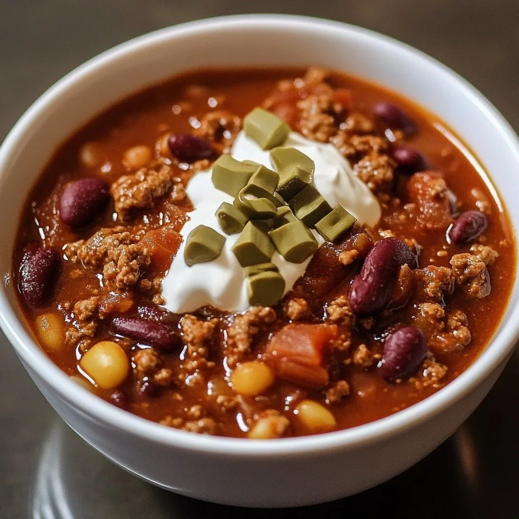 Bowl of homemade chili topped with cheese and herbs