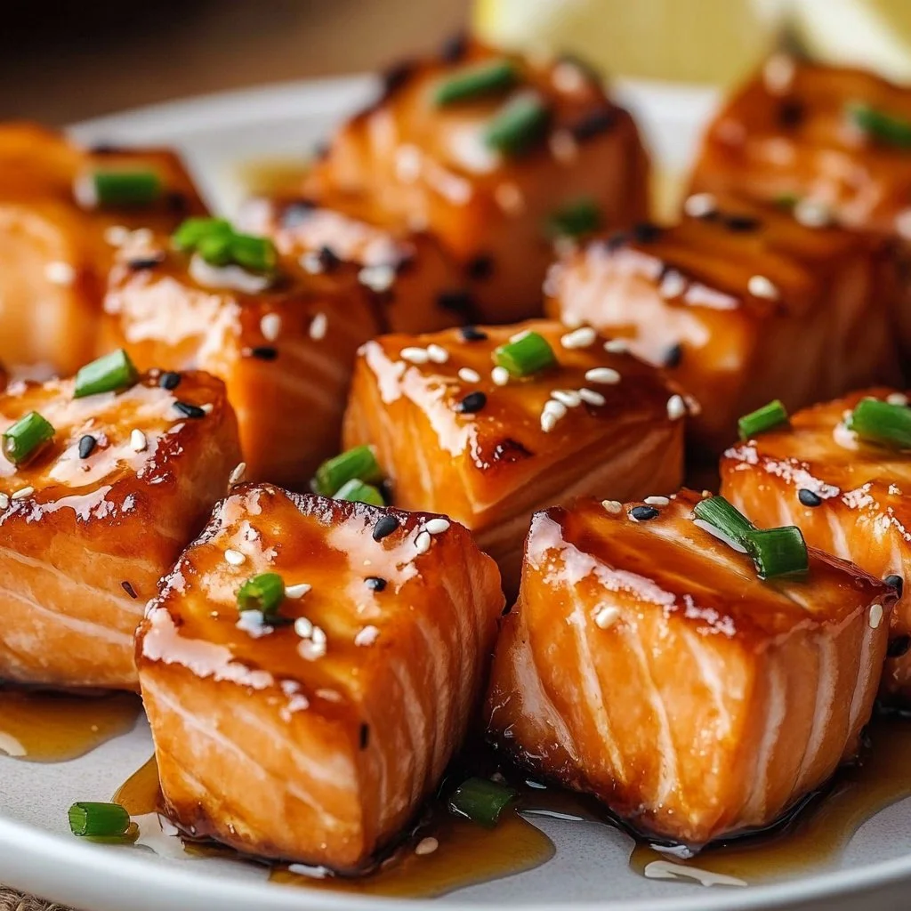 Honey glazed salmon bites served on a platter with garnishes