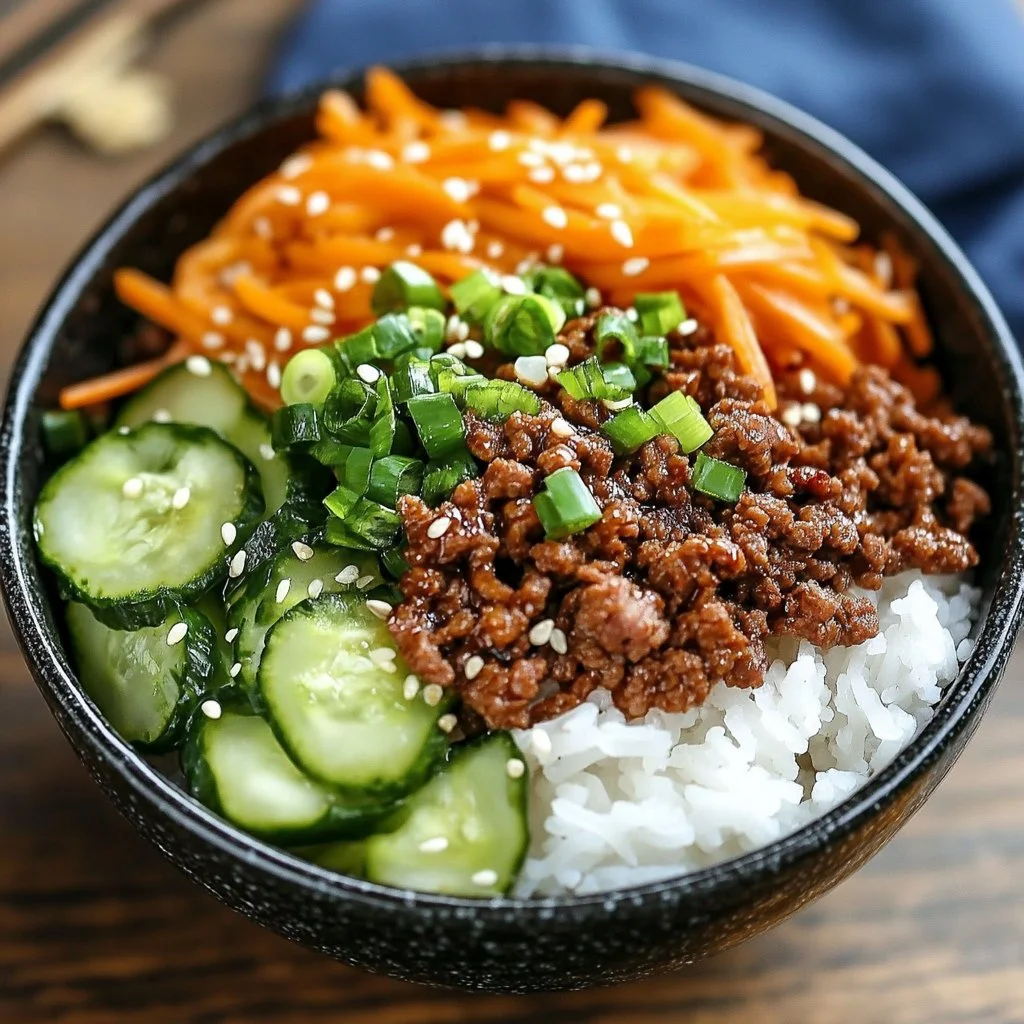 Korean Ground Beef Bowl garnished with vegetables and served in a bowl