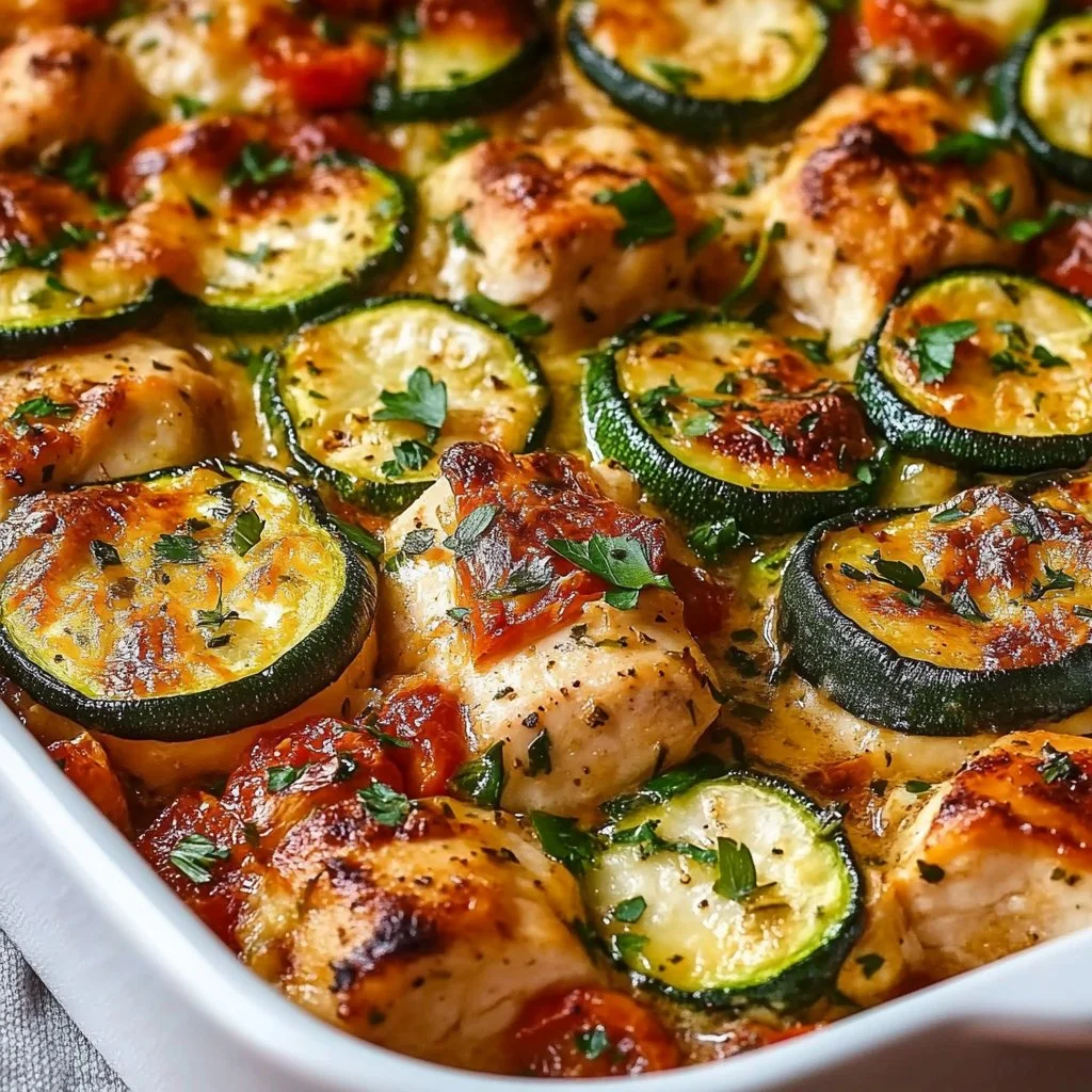 Mediterranean Chicken Zucchini Bake with fresh vegetables and spices