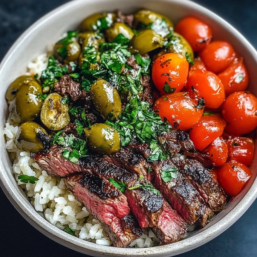 Mediterranean Steak Bowl with fresh vegetables and seasoning