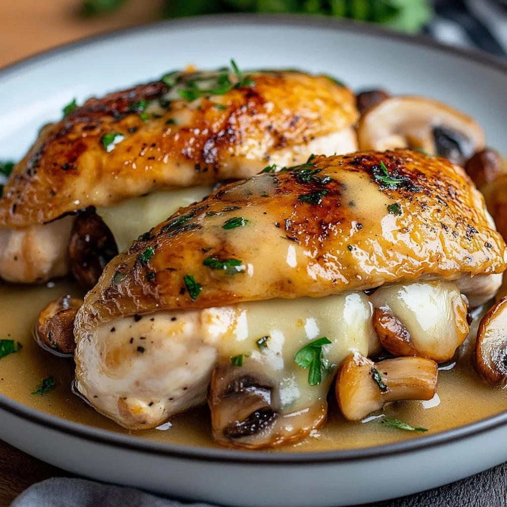 Juicy mushroom stuffed chicken breast served on a plate