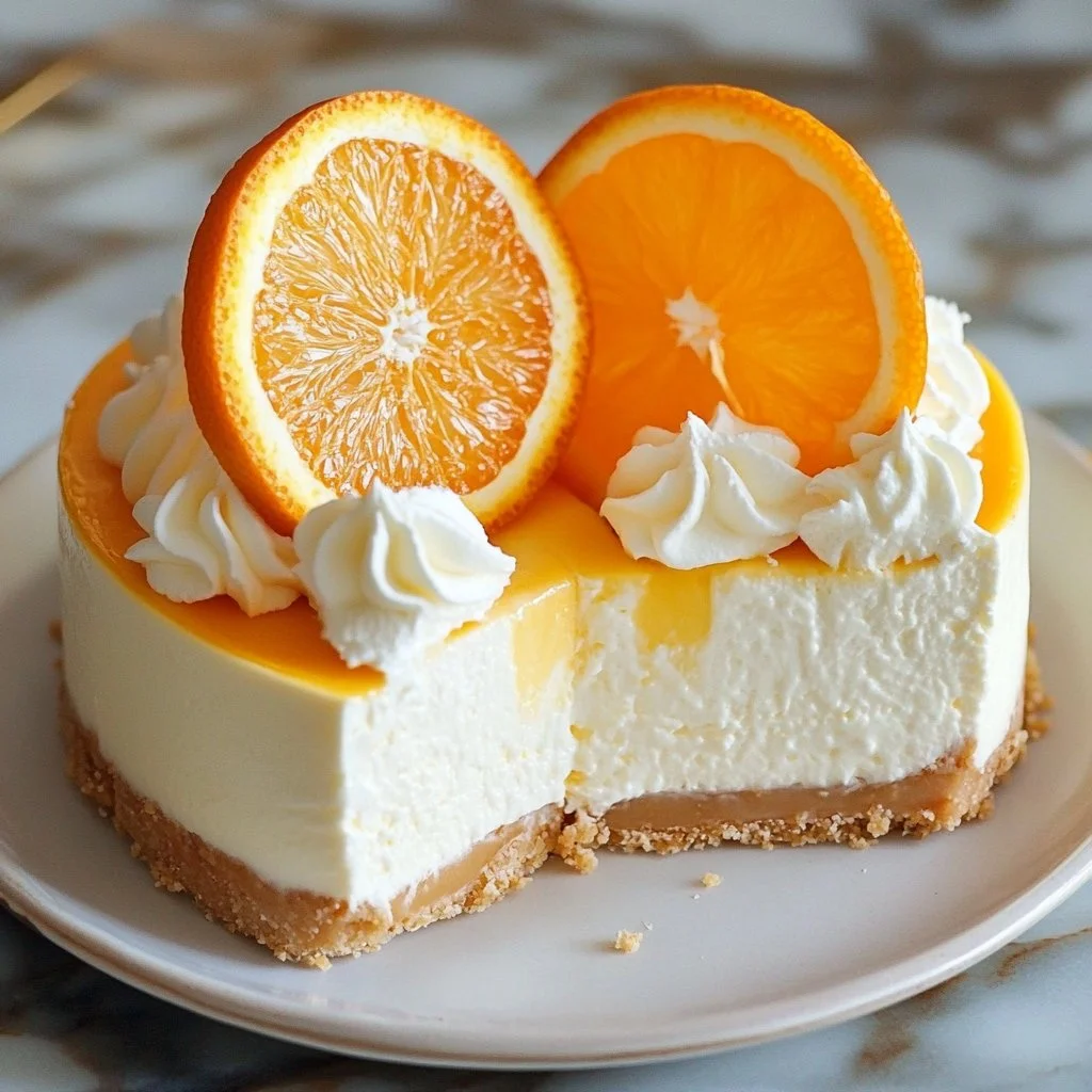 Slice of no-bake orange creamsicle cheesecake on a plate with orange zest decoration